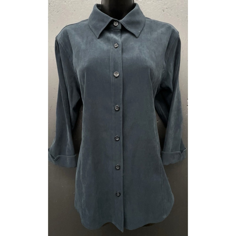 Vintage Talbots Top M Green Brushed Soft Button Up Stretch Preppy‎ Classic